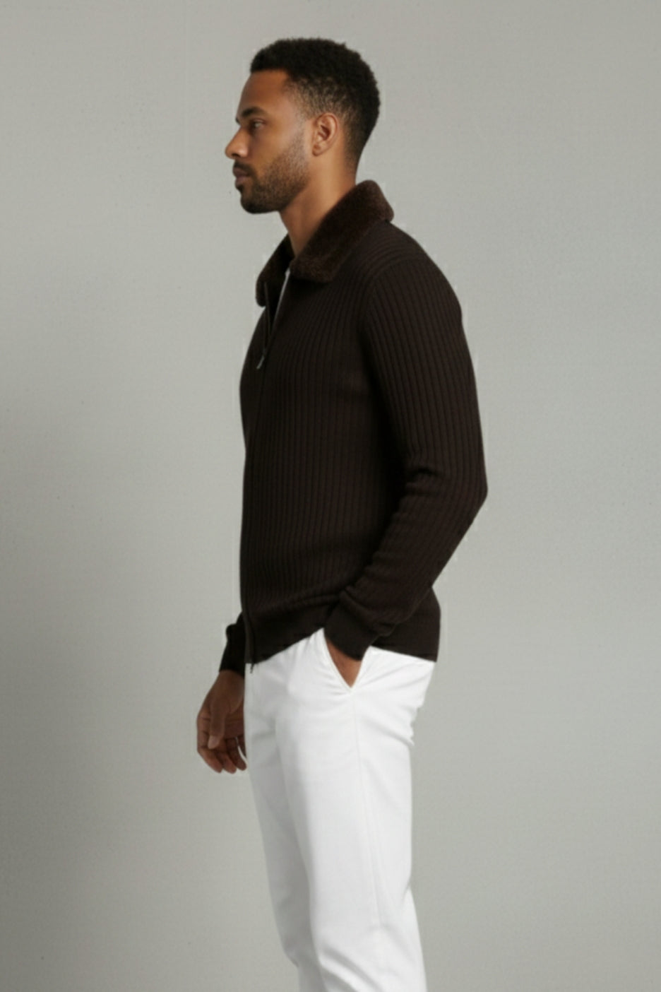 Premium Italian Wool Knit Jacket Brown