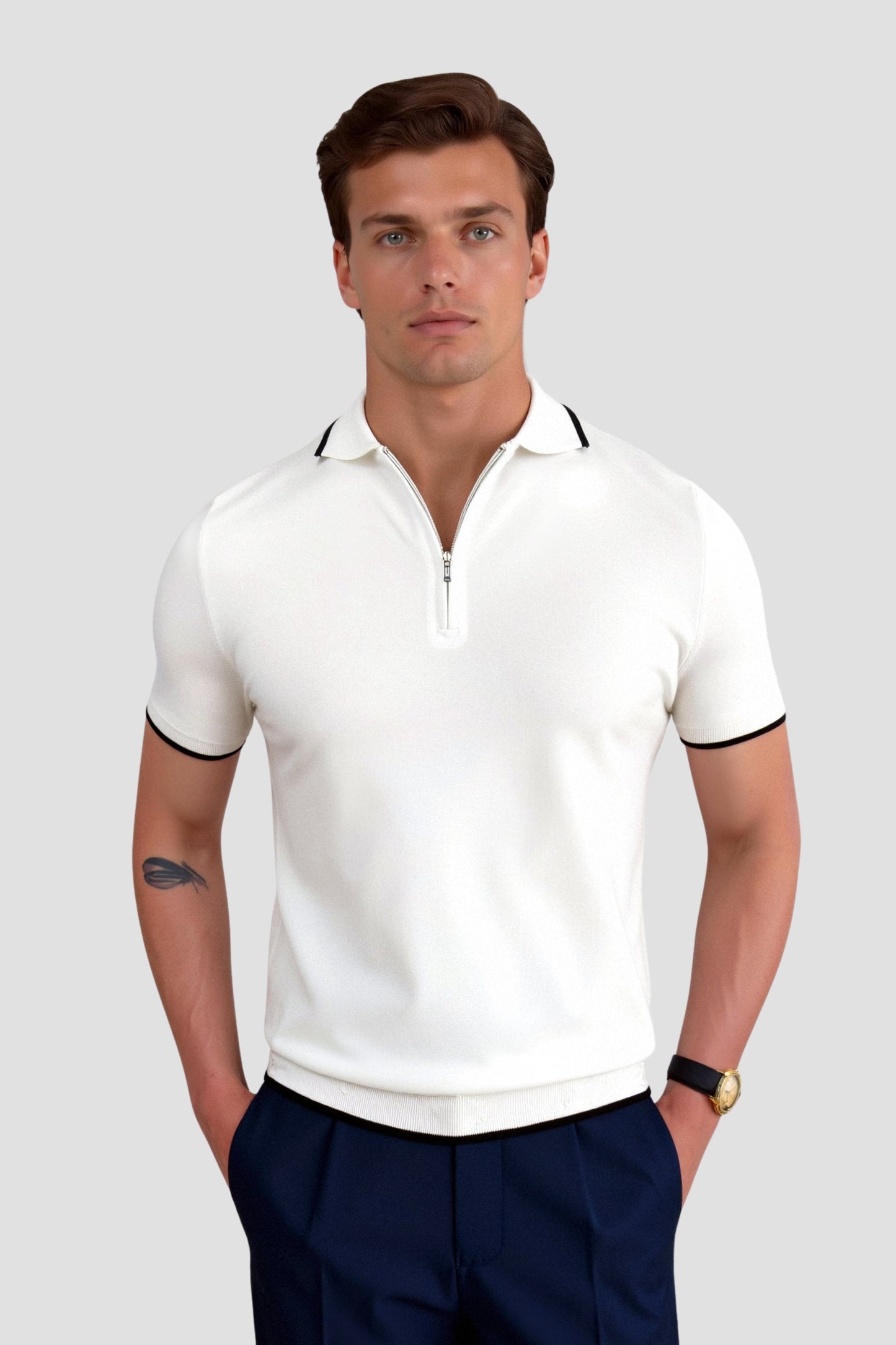 Geometric Textured Zipper Polo