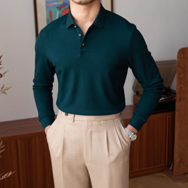 Premium Textured Knit Cotton Long Sleeve Polo