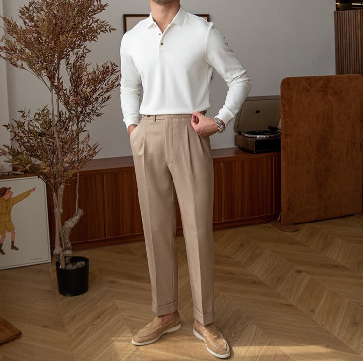 Premium Textured Knit Cotton Long Sleeve Polo