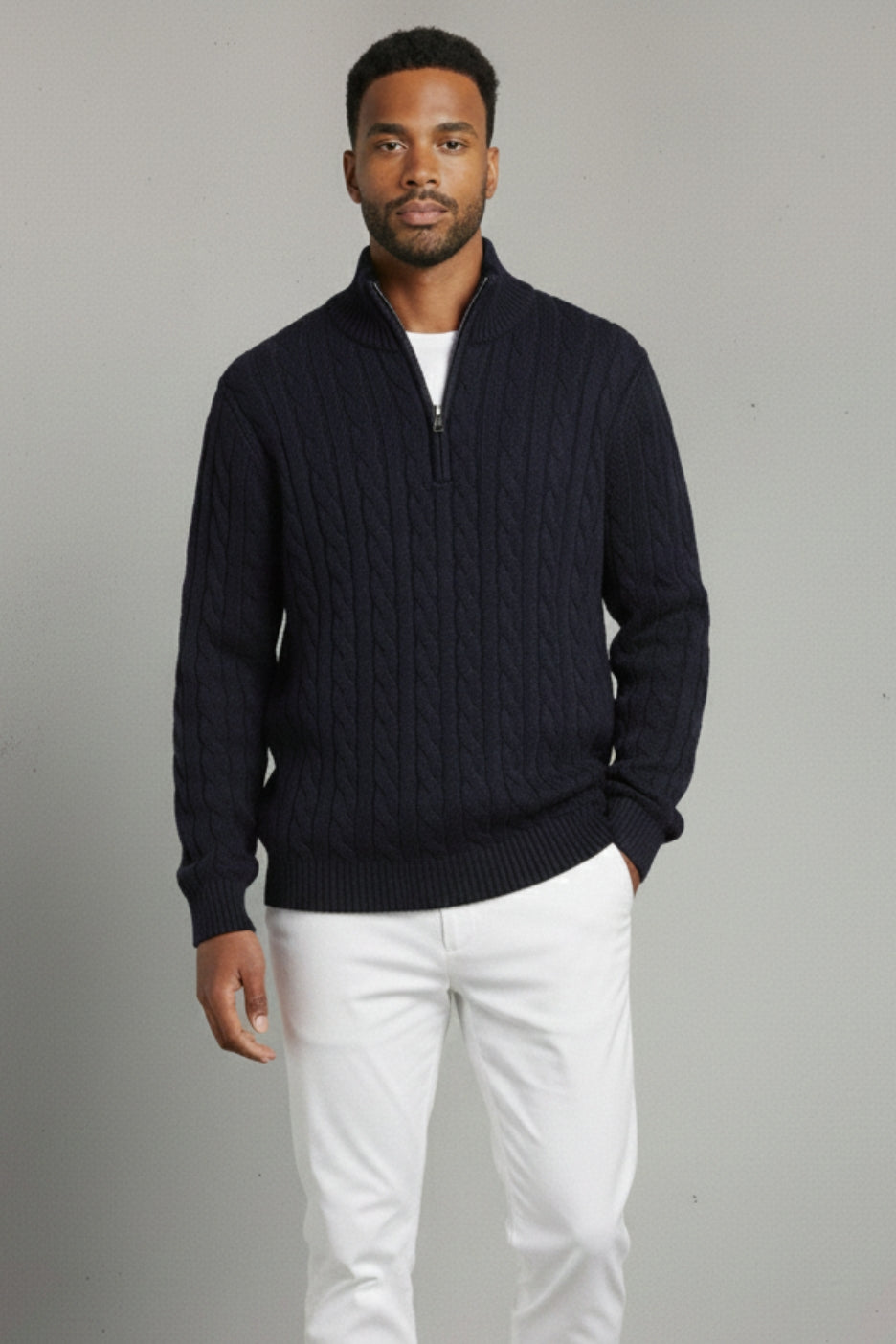 Premium Cable Knit Half-Zip Sweater Ivory