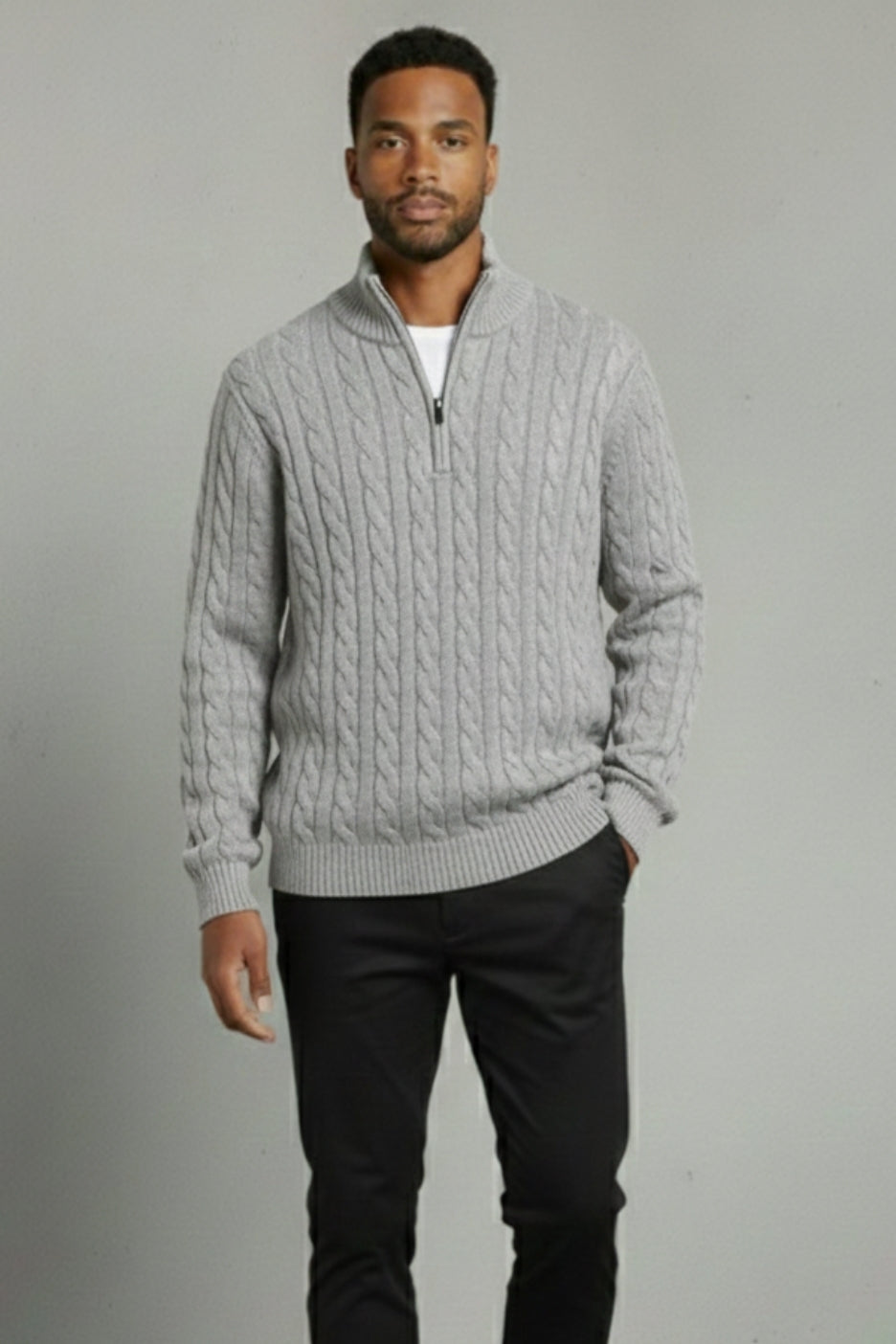 Premium Cable Knit Half-Zip Sweater Ivory