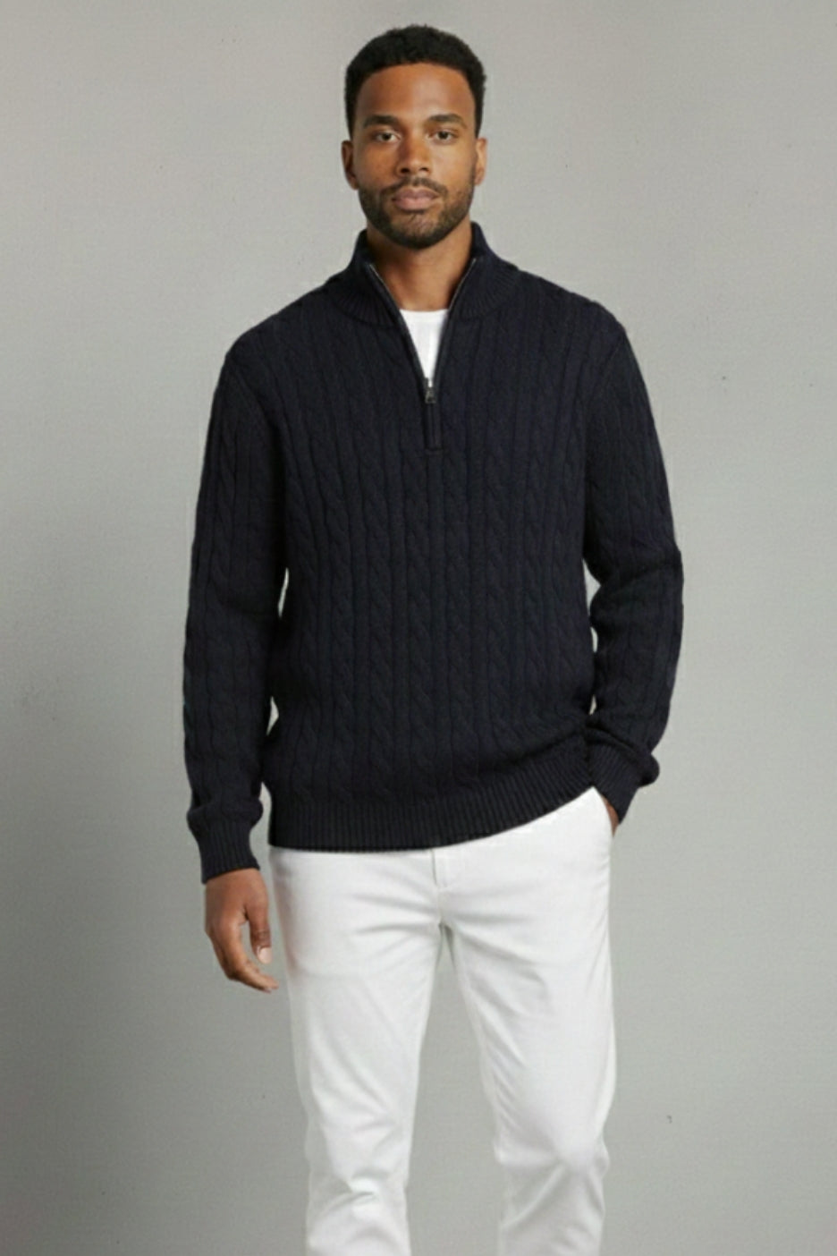Premium Cable Knit Half-Zip Sweater Ivory