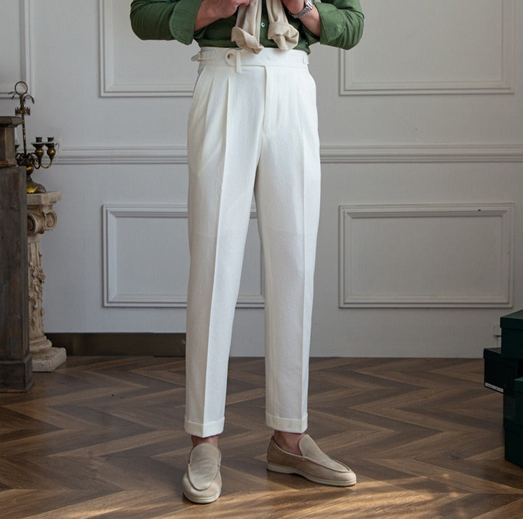 Premium Seersucker Double Pleated Trousers Ivory
