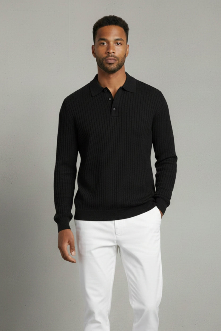 Premium Ribbed Cotton Polo Sweater Ivory