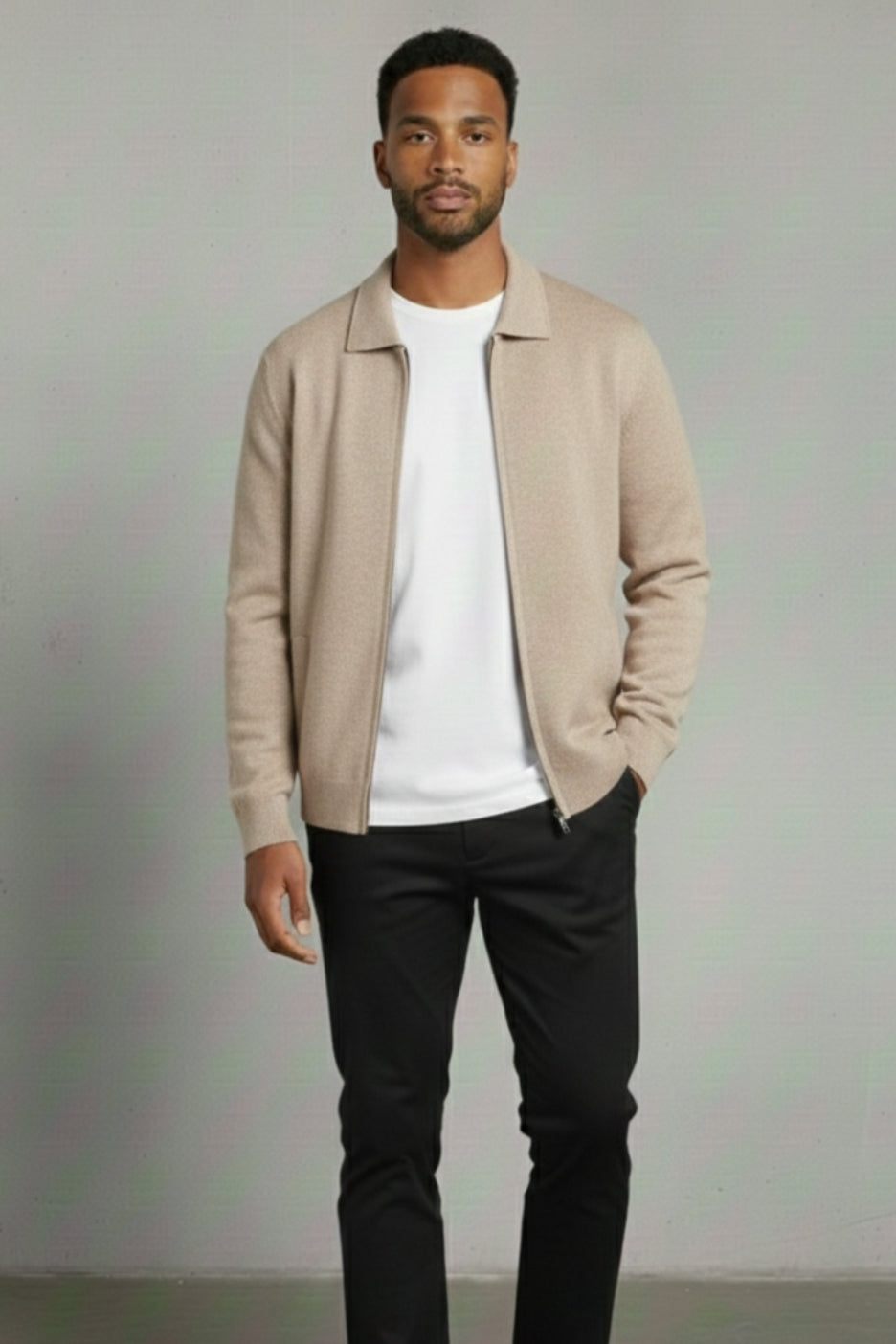 Extra-Fine Merino Wool Zip Polo Cardigan Sand