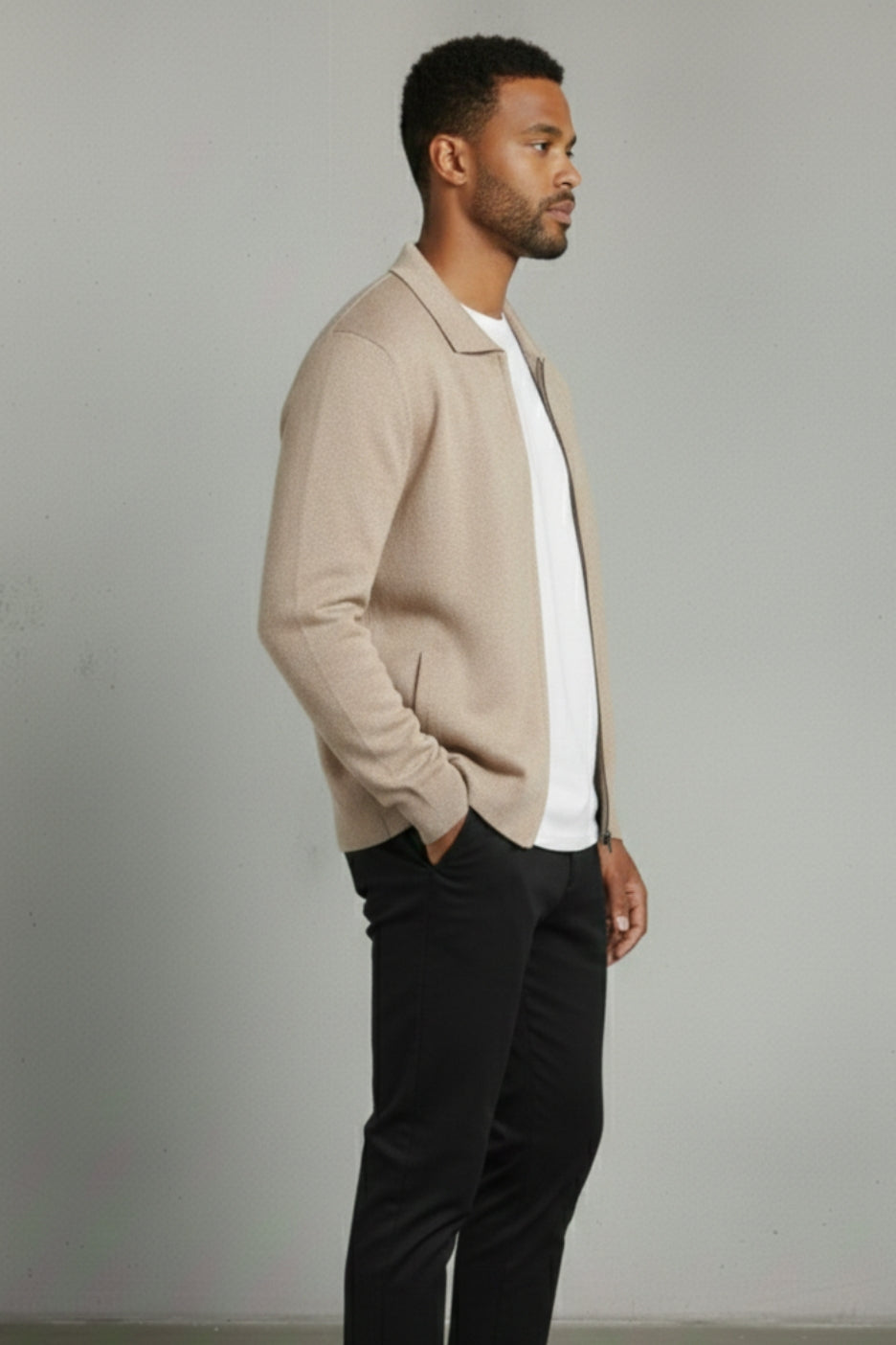 Extra-Fine Merino Wool Zip Polo Cardigan Sand