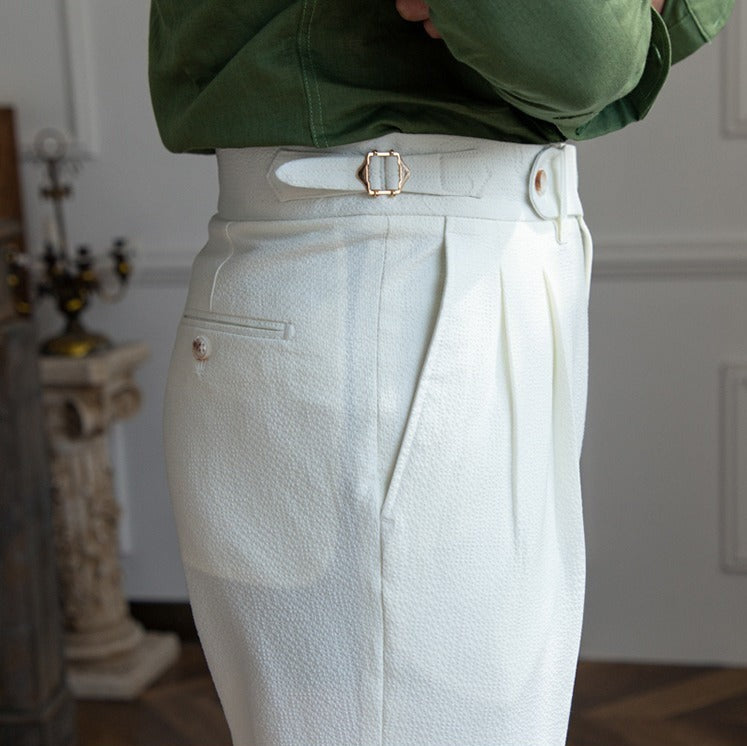 Premium Seersucker Double Pleated Trousers Ivory