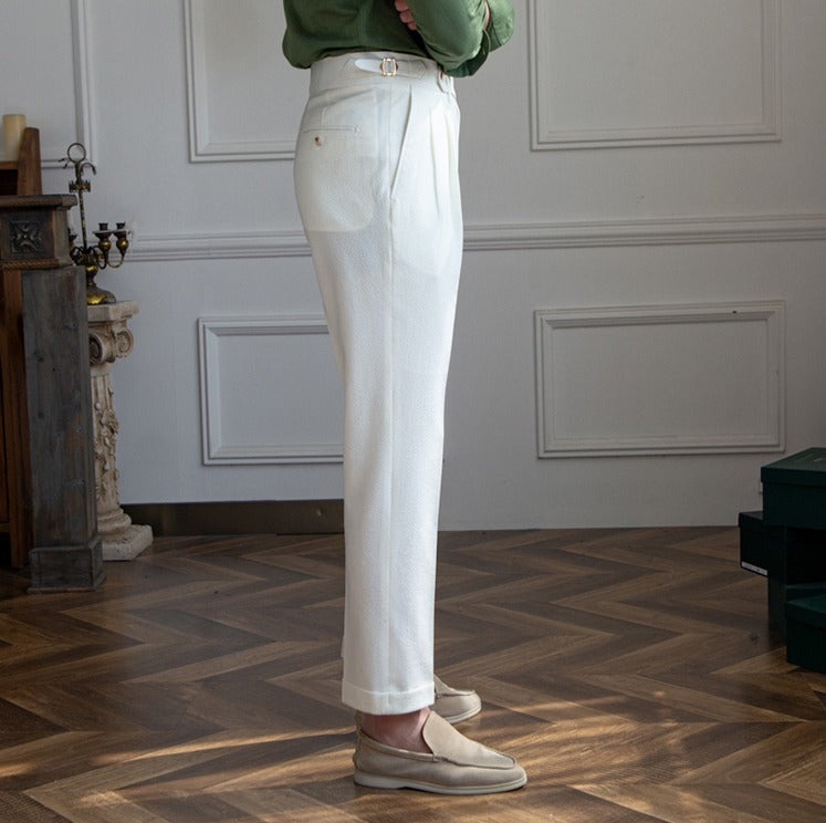 Premium Seersucker Double Pleated Trousers Ivory