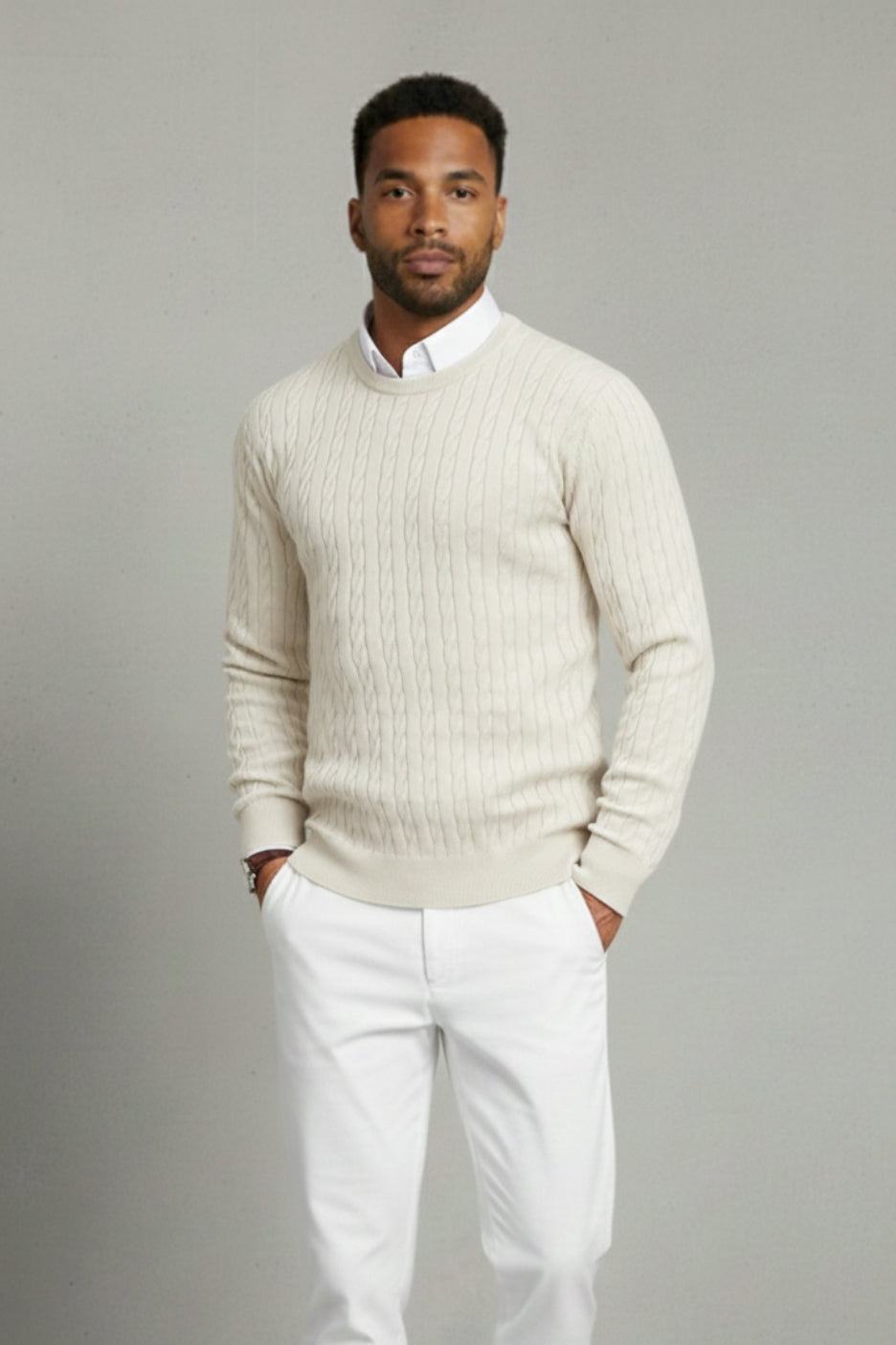 Premium Cable Knit Cotton Sweater Ivory