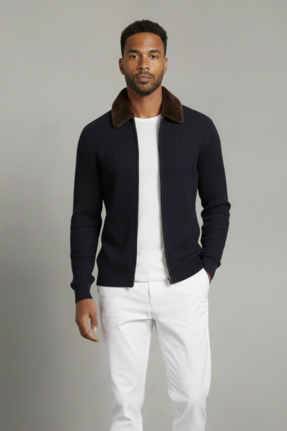 Premium Italian Wool Knit Jacket Navy