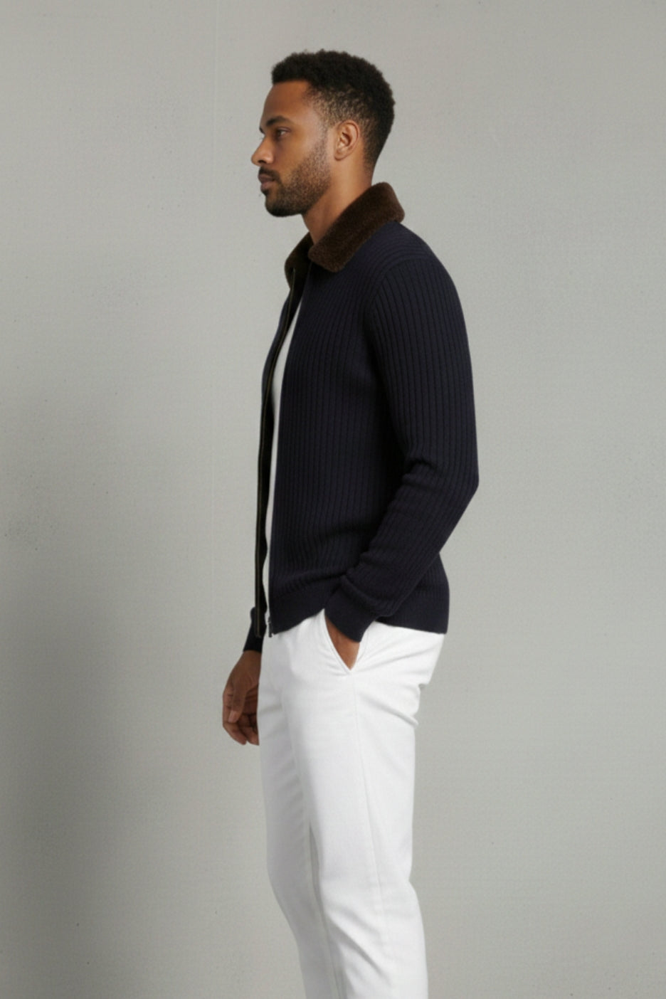 Premium Italian Wool Knit Jacket Navy