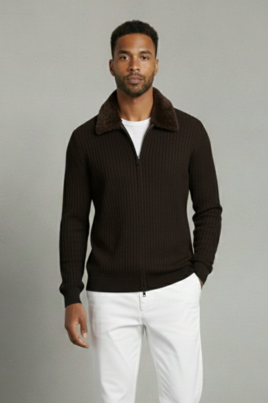 Premium Italian Wool Knit Jacket Brown