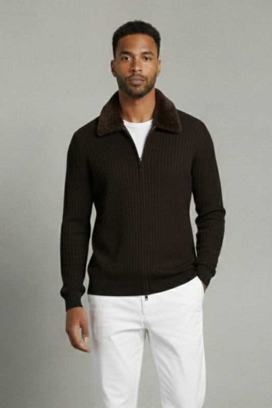 Premium Italian Wool Knit Jacket Brown