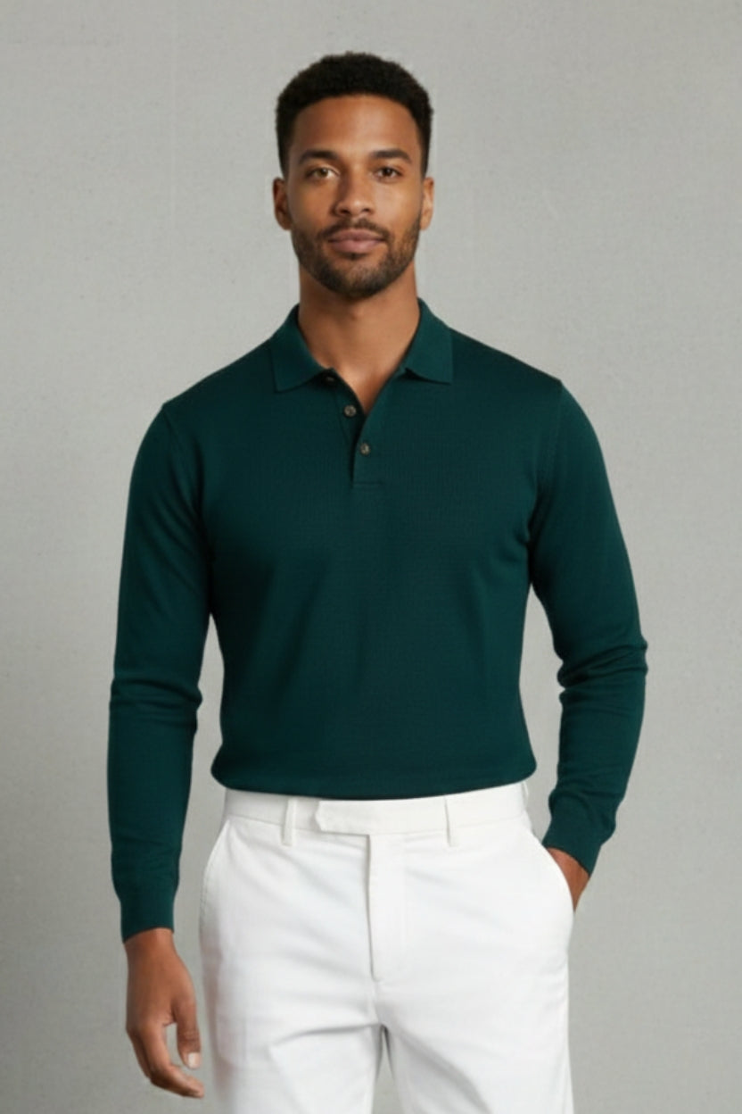 Premium Textured Knit Cotton Long Sleeve Polo